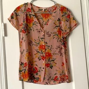 Rebecca Taylor Blush Floral Silk Button Down Short Sleeve Top Sz 0 XS 100% Silk